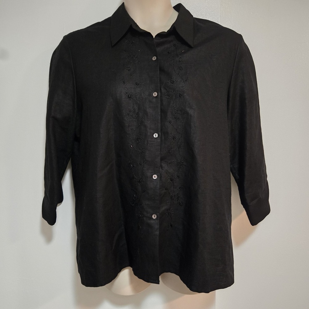 Laura Scott Sz 18 Black Button Down Shirt Linen Blend Embellished Blouse